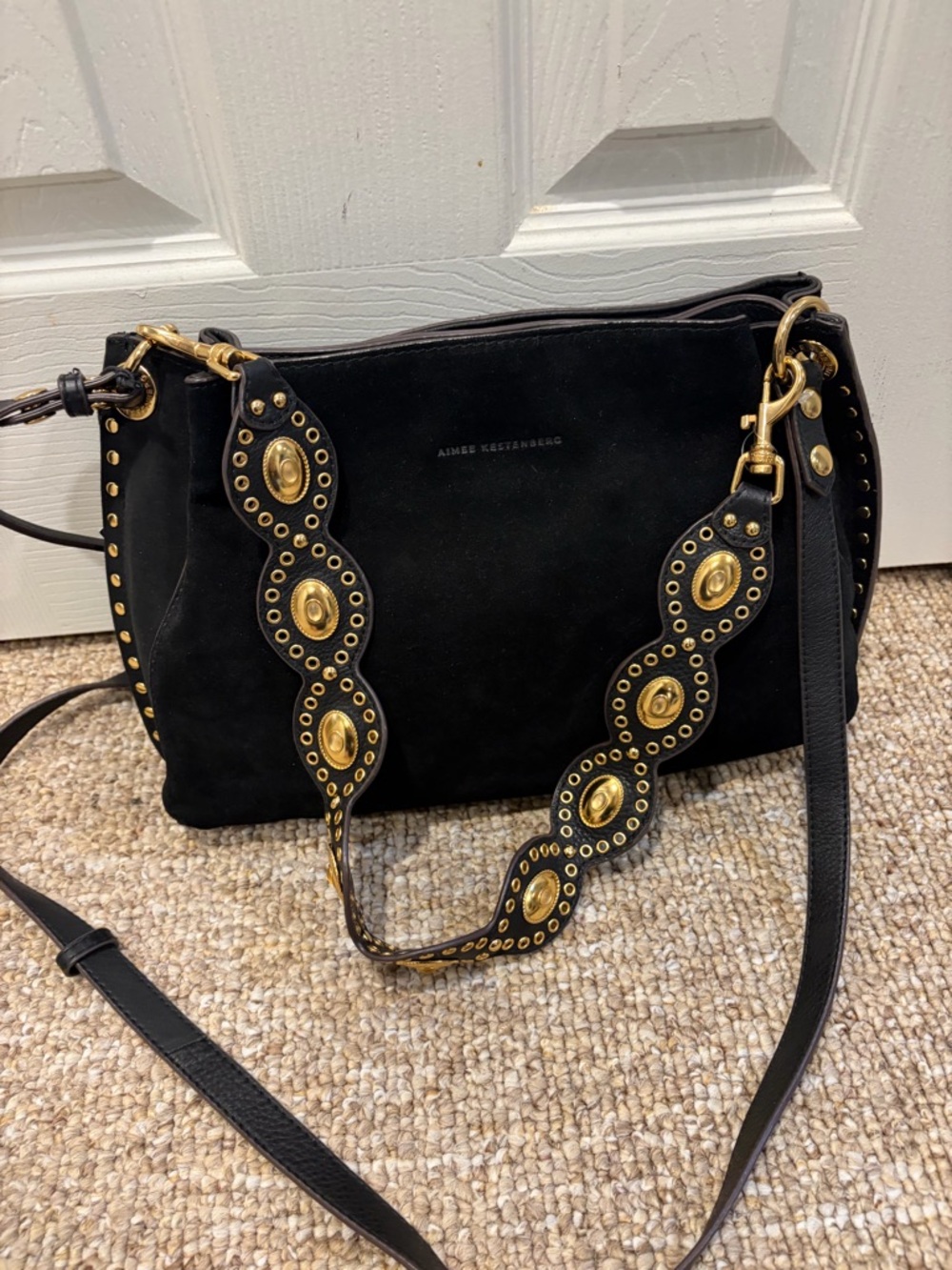 Aimee Kestenberg  Black Suede Shoulder Bag with Gold Stud Accents